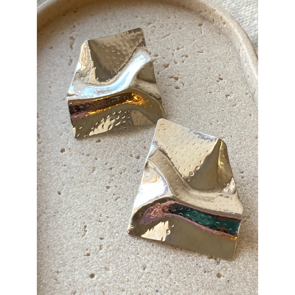 Sculpturaled Silver Tone Modernist Earrings Geometric Square Abstract Brutalist